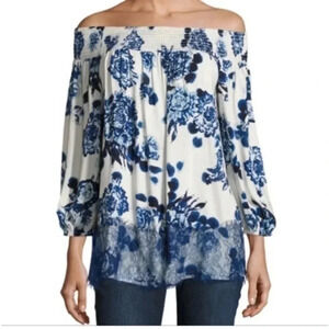 Neiman Marcus | Blue Floral Off The Shoulder Lace Hem Blouse Size XS